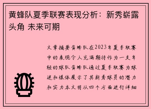 黄蜂队夏季联赛表现分析：新秀崭露头角 未来可期